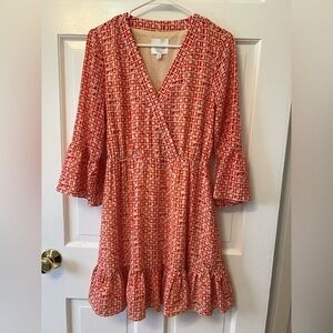 Anonyme Light Red Geometric Dress V-Neck Bell Sleeves Ruffle Hem Sz M